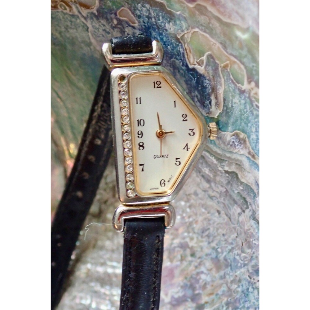 Collezio? Women's Half Moon Asymetrical Quartz Wrist Watch Black Leather Band 8"